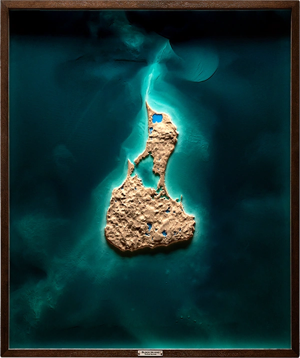 Block Island sculptural relief in maple, mahogany, and resin