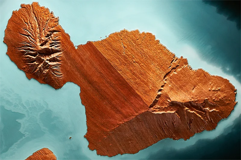 The Valley Isle sculptural relief in koa, birch, and resin