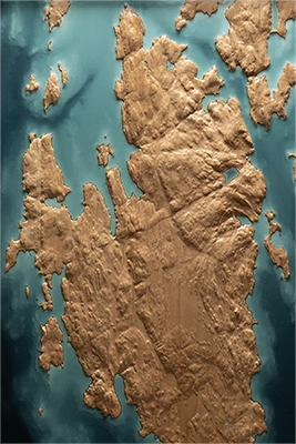 Southport Island sculptural relief in maple, mahogany, and resin